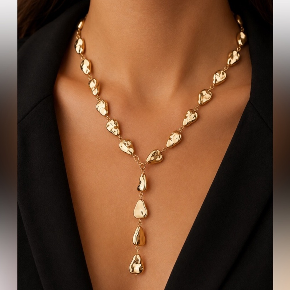 14K Gold Plated Molten Nugget Lariat Necklace Hammered Teardrop Y Necklace new